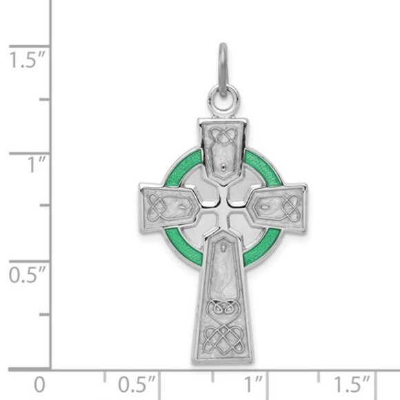 925 Sterling Silver Rhodium-plated with Green Epoxy Enamel Irish Celtic Pendant - Picture 4 of 4